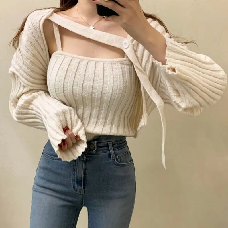 Camisole Knitted Cardigans Women Two Piece Sets 2021 Autumn Sweater Jacket Woman - Blade & Thread