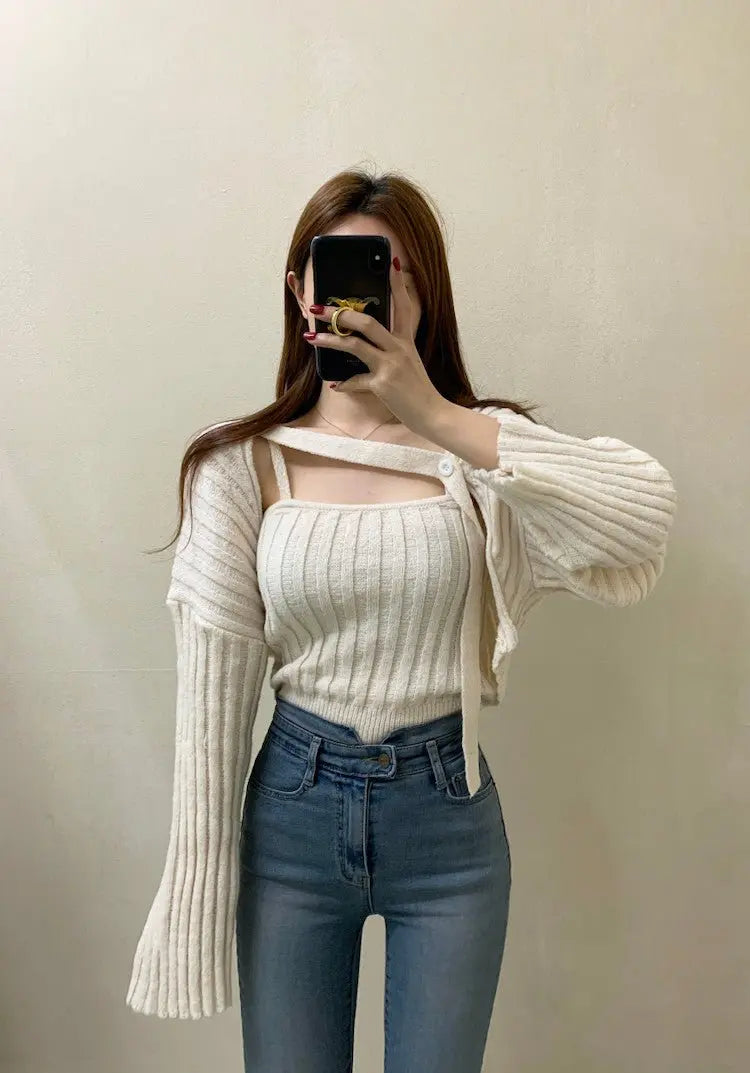 Camisole Knitted Cardigans Women Two Piece Sets 2021 Autumn Sweater Jacket Woman - Blade & Thread