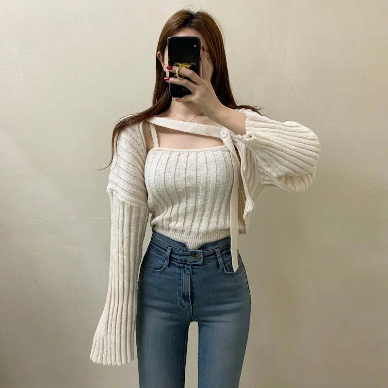Camisole Knitted Cardigans Women Two Piece Sets 2021 Autumn Sweater Jacket Woman - Blade & Thread