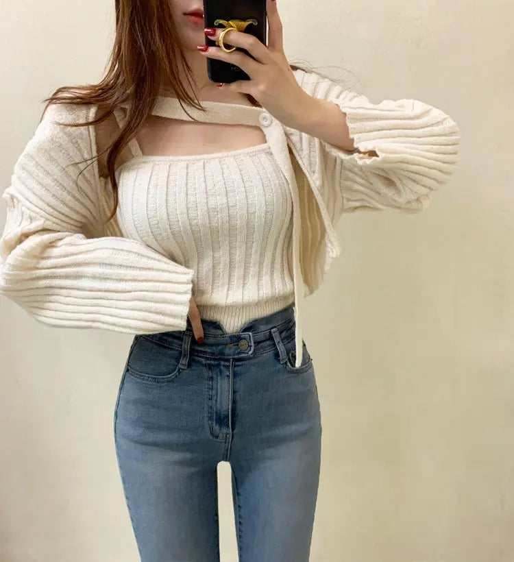 Camisole Knitted Cardigans Women Two Piece Sets 2021 Autumn Sweater Jacket Woman - Blade & Thread