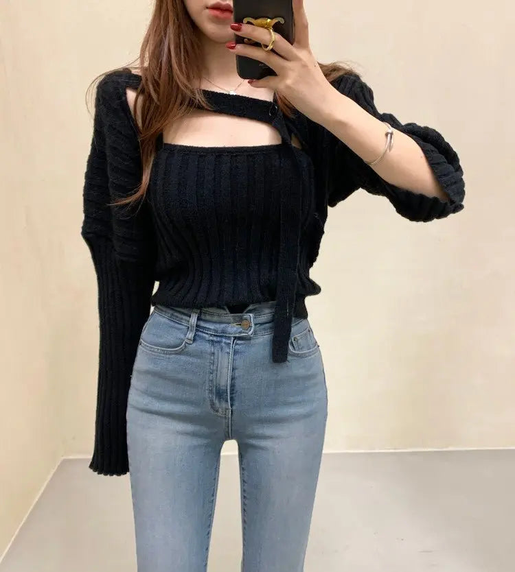 Camisole Knitted Cardigans Women Two Piece Sets 2021 Autumn Sweater Jacket Woman - Blade & Thread
