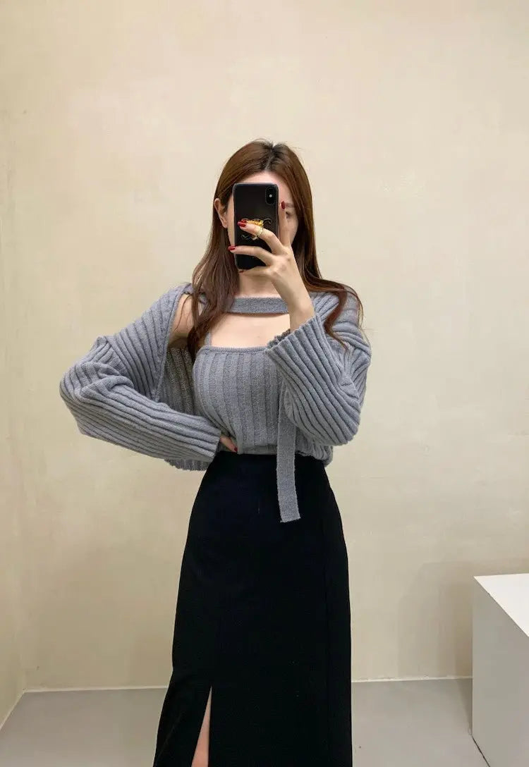 Camisole Knitted Cardigans Women Two Piece Sets 2021 Autumn Sweater Jacket Woman - Blade & Thread