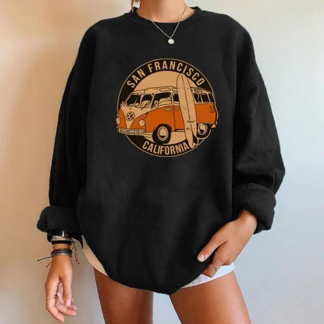 Car pattern Sweatshirts Oversized Crewneck Tops Woman Drop-shoulder Pullovers Sweatshirts - Blade & Thread
