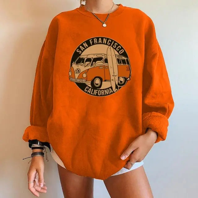Car pattern Sweatshirts Oversized Crewneck Tops Woman Drop-shoulder Pullovers Sweatshirts - Blade & Thread
