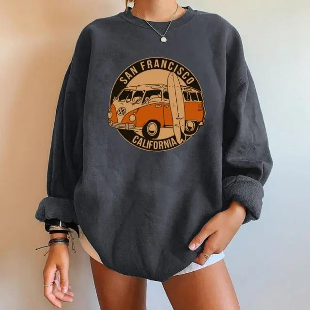 Car pattern Sweatshirts Oversized Crewneck Tops Woman Drop-shoulder Pullovers Sweatshirts - Blade & Thread