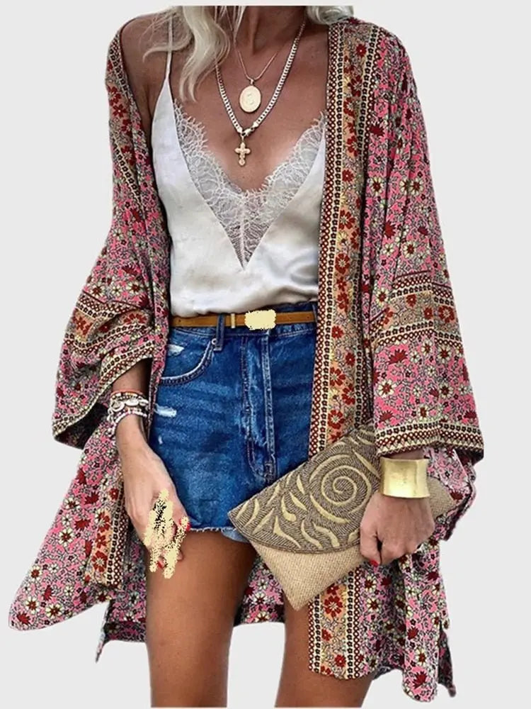 Cardigan Women Bohemian Floral Printed Blouse Open Front Loose Beach Tops Vintage Long Sleeve - Blade & Thread
