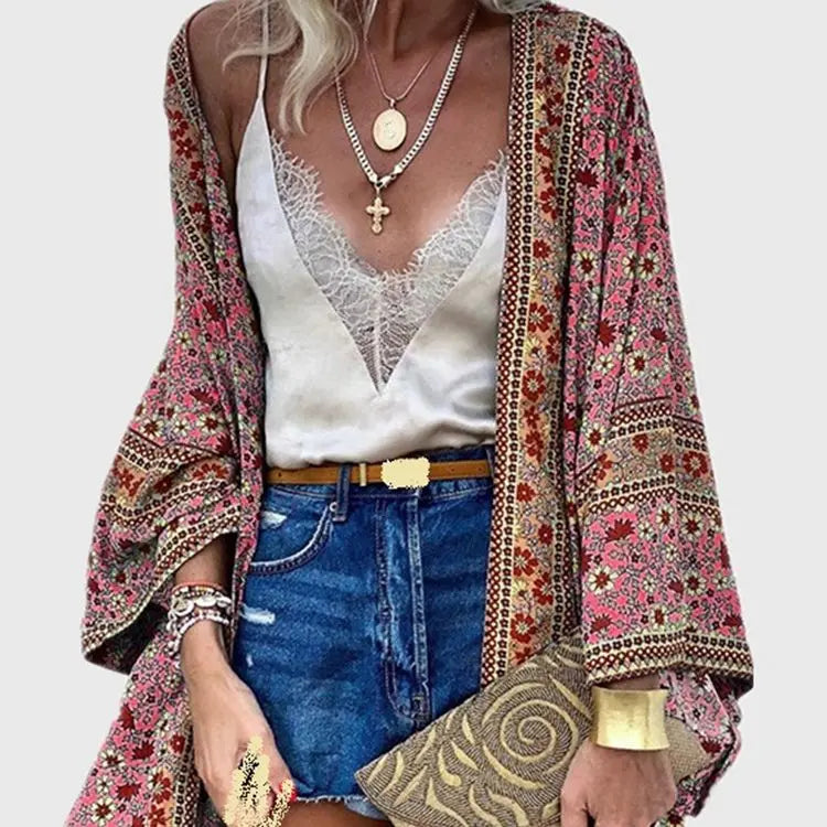 Cardigan Women Bohemian Floral Printed Blouse Open Front Loose Beach Tops Vintage Long Sleeve - Blade & Thread