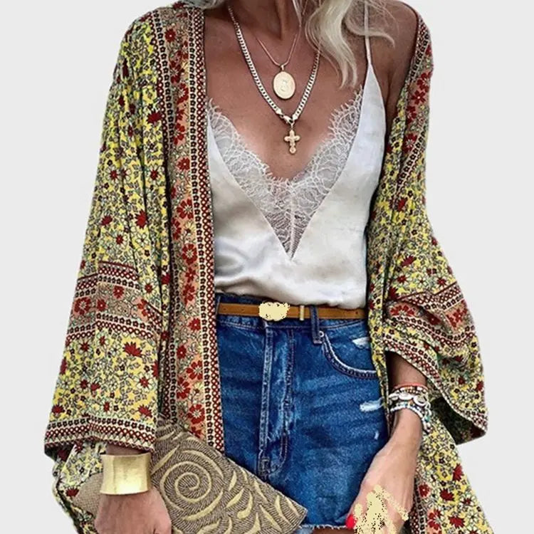 Cardigan Women Bohemian Floral Printed Blouse Open Front Loose Beach Tops Vintage Long Sleeve - Blade & Thread