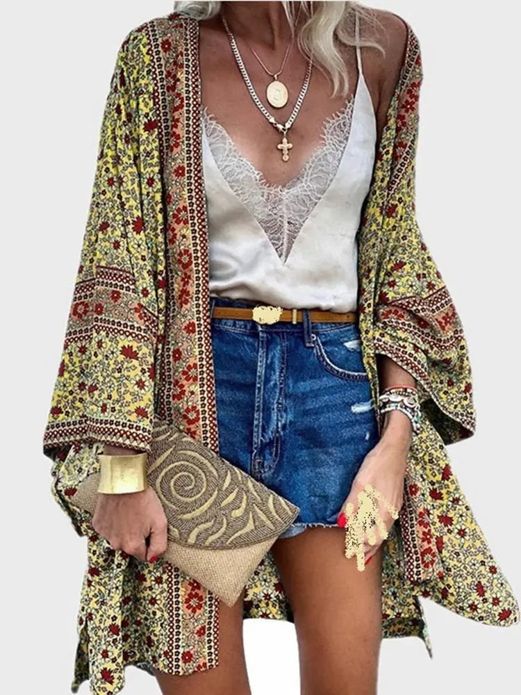 Cardigan Women Bohemian Floral Printed Blouse Open Front Loose Beach Tops Vintage Long Sleeve - Blade & Thread