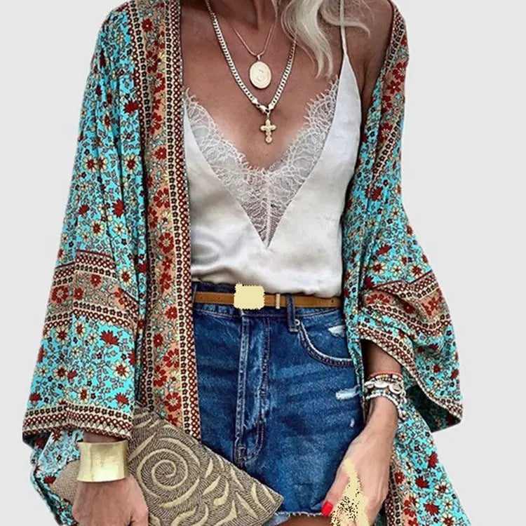 Cardigan Women Bohemian Floral Printed Blouse Open Front Loose Beach Tops Vintage Long Sleeve - Blade & Thread