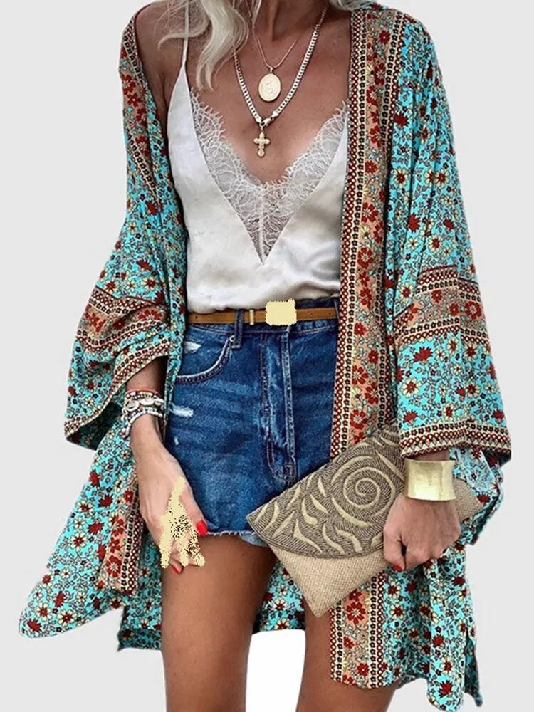 Cardigan Women Bohemian Floral Printed Blouse Open Front Loose Beach Tops Vintage Long Sleeve nowadaysfashion