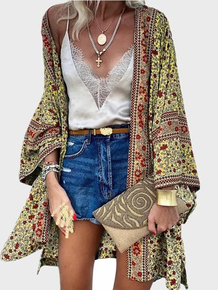 Cardigan Women Bohemian Floral Printed Blouse Open Front Loose Beach Tops Vintage Long Sleeve nowadaysfashion