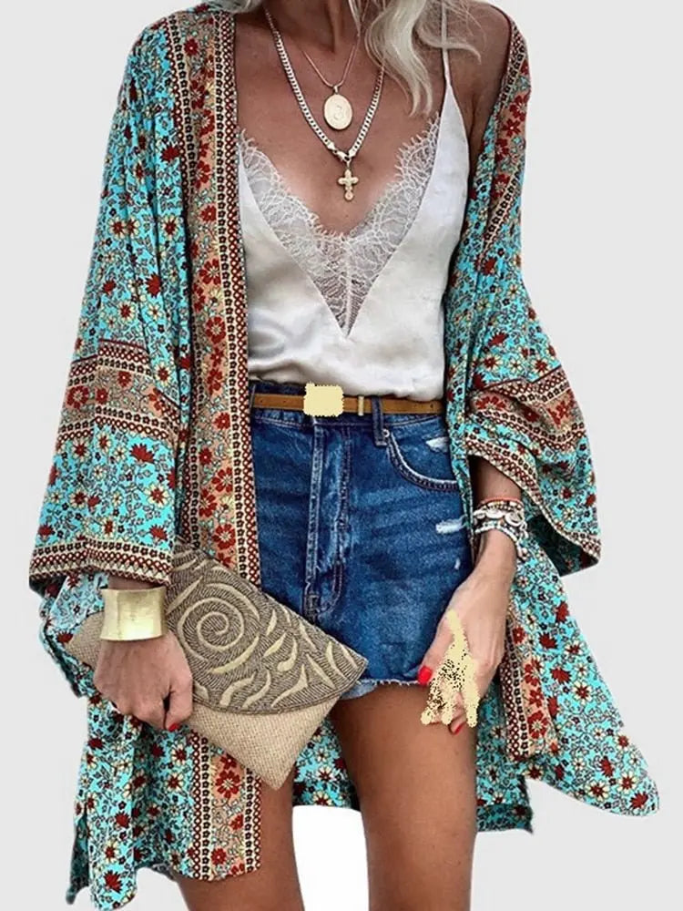 Cardigan Women Bohemian Floral Printed Blouse Open Front Loose Beach Tops Vintage Long Sleeve - Blade & Thread