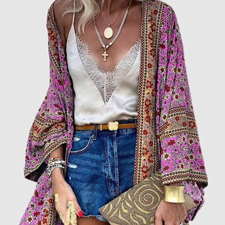 Cardigan Women Bohemian Floral Printed Blouse Open Front Loose Beach Tops Vintage Long Sleeve nowadaysfashion