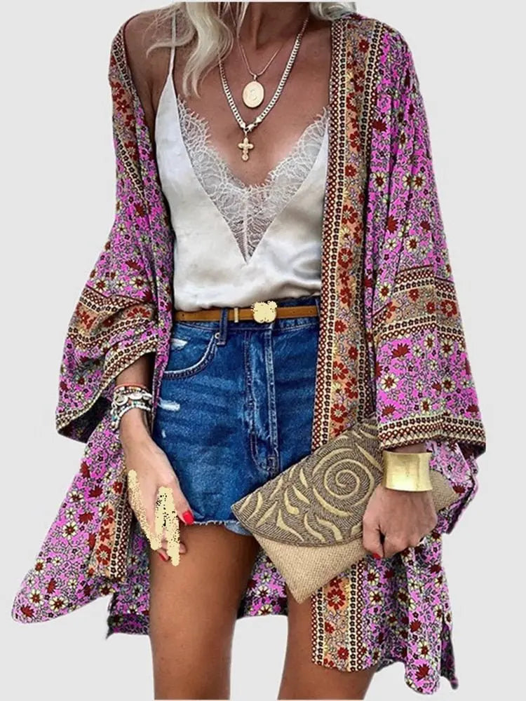 Cardigan Women Bohemian Floral Printed Blouse Open Front Loose Beach Tops Vintage Long Sleeve - Blade & Thread