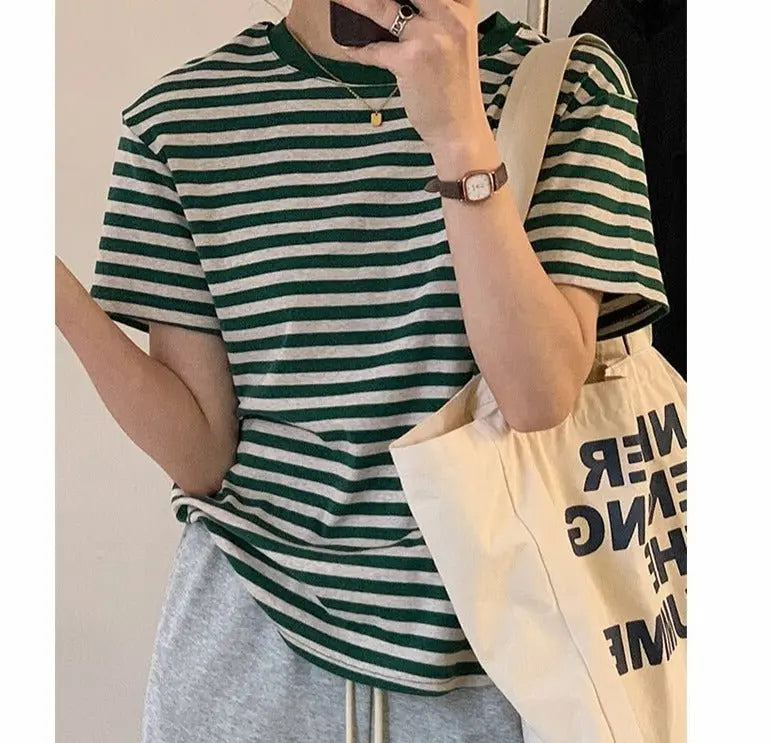 Casual O-neck Women Striped T-shirts Spring Summer Short Sleeve Loose Female Tops - Blade & Thread