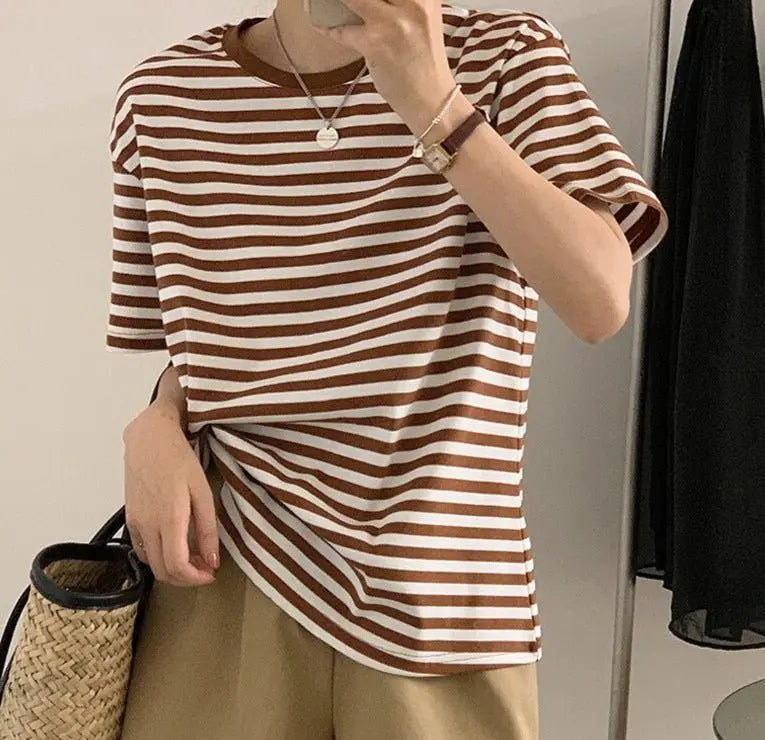 Casual O-neck Women Striped T-shirts Spring Summer Short Sleeve Loose Female Tops - Blade & Thread