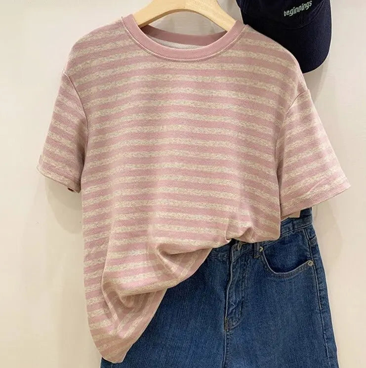 Casual O-neck Women Striped T-shirts Spring Summer Short Sleeve Loose Female Tops - Blade & Thread