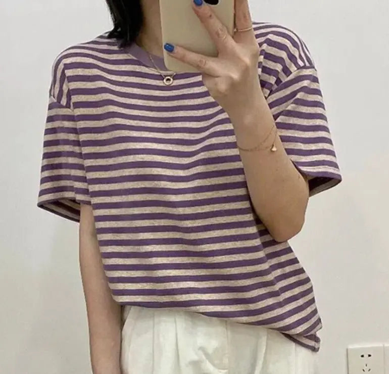 Casual O-neck Women Striped T-shirts Spring Summer Short Sleeve Loose Female Tops - Blade & Thread