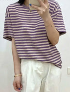 Casual O-neck Women Striped T-shirts  Spring Summer Short Sleeve Loose Female Tops nowadaysfashion