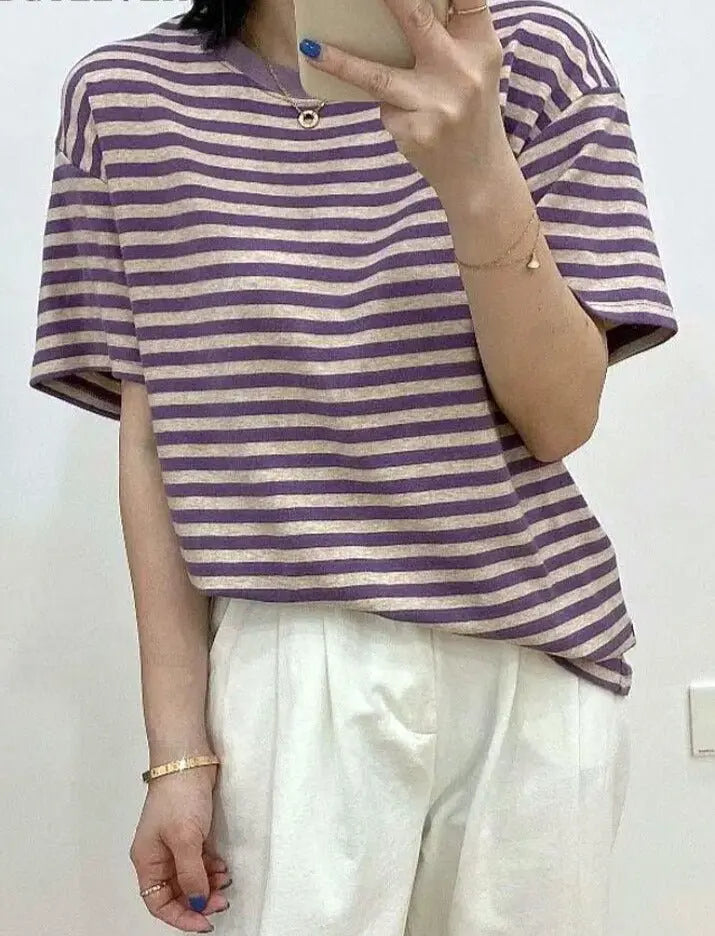 Casual O-neck Women Striped T-shirts Spring Summer Short Sleeve Loose Female Tops - Blade & Thread