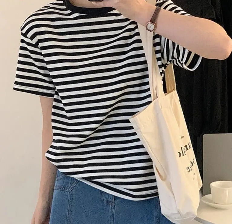 Casual O-neck Women Striped T-shirts Spring Summer Short Sleeve Loose Female Tops - Blade & Thread