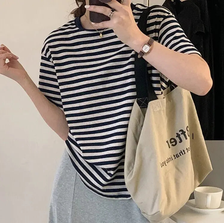 Casual O-neck Women Striped T-shirts Spring Summer Short Sleeve Loose Female Tops - Blade & Thread