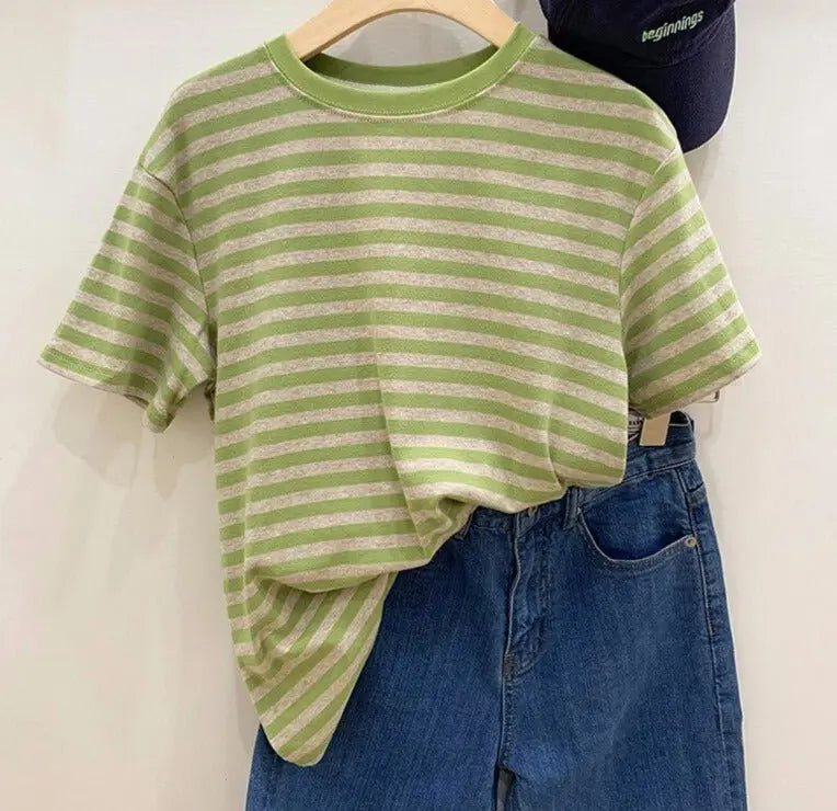 Casual O-neck Women Striped T-shirts Spring Summer Short Sleeve Loose Female Tops - Blade & Thread