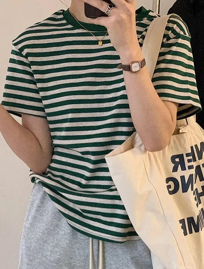 Casual O-neck Women Striped T-shirts  Spring Summer Short Sleeve Loose Female Tops nowadaysfashion