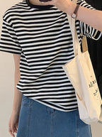Casual O-neck Women Striped T-shirts  Spring Summer Short Sleeve Loose Female Tops nowadaysfashion