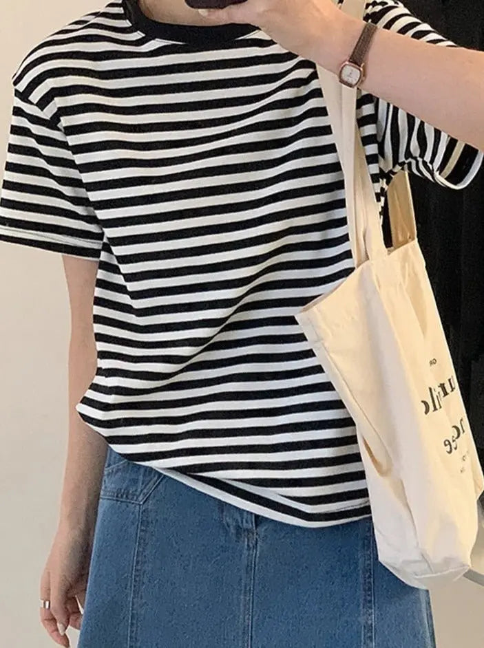 Casual O-neck Women Striped T-shirts  Spring Summer Short Sleeve Loose Female Tops nowadaysfashion