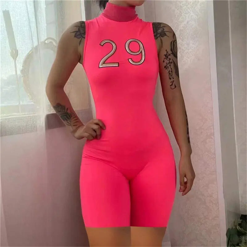 Casual Women Playsuit Summer New Casual Skinny Slim Stretch Print Letter Female Tracksuit - Blade & Thread