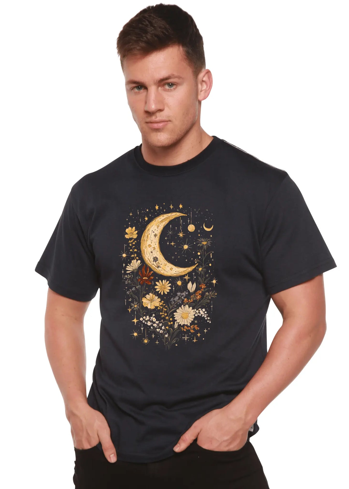 Celestial Moon Boho Flowers Vintage Unisex Bamboo/Cotton Graphic T-Shirt - Blade & Thread