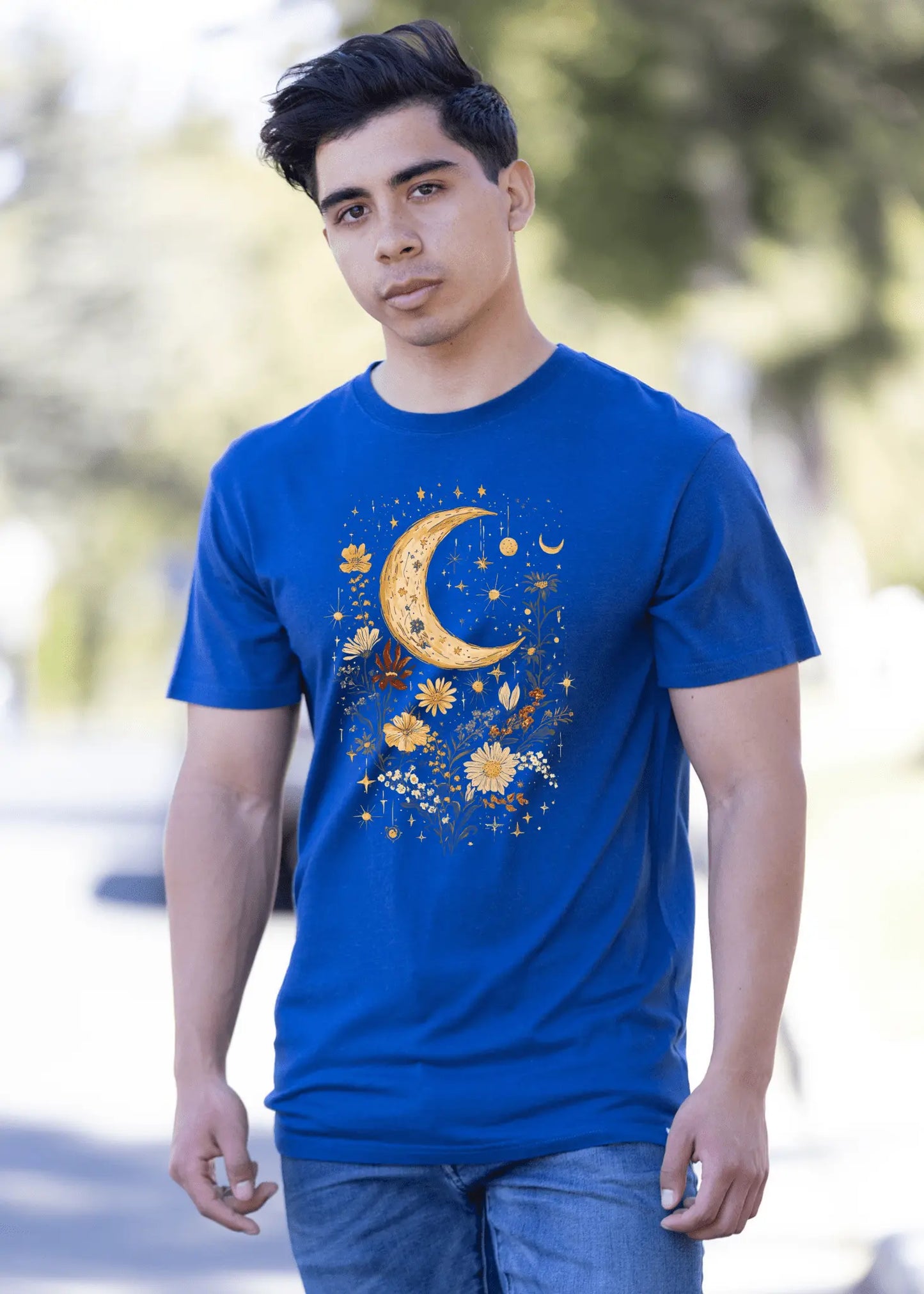 Celestial Moon Boho Flowers Vintage Unisex Bamboo/Cotton Graphic T-Shirt - Blade & Thread