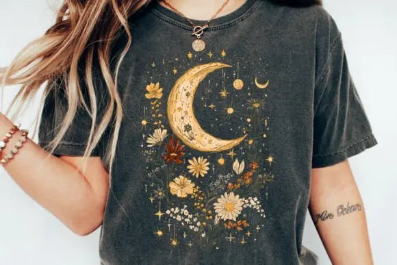 Celestial Moon Boho Flowers Vintage Unisex Bamboo/Cotton Graphic T-Shirt - Blade & Thread