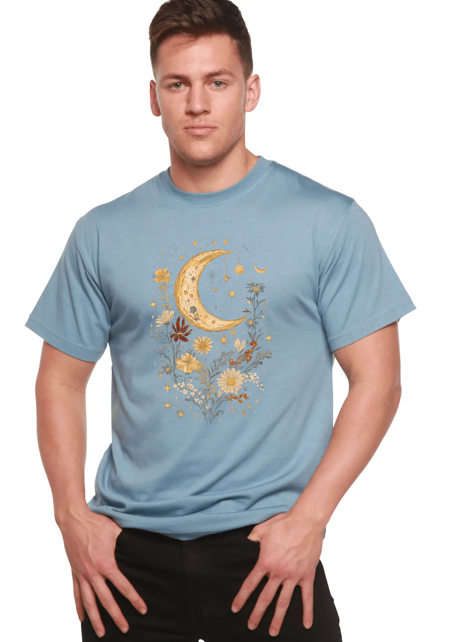 Celestial Moon Boho Flowers Vintage Unisex Bamboo/Cotton Graphic T-Shirt - Blade & Thread