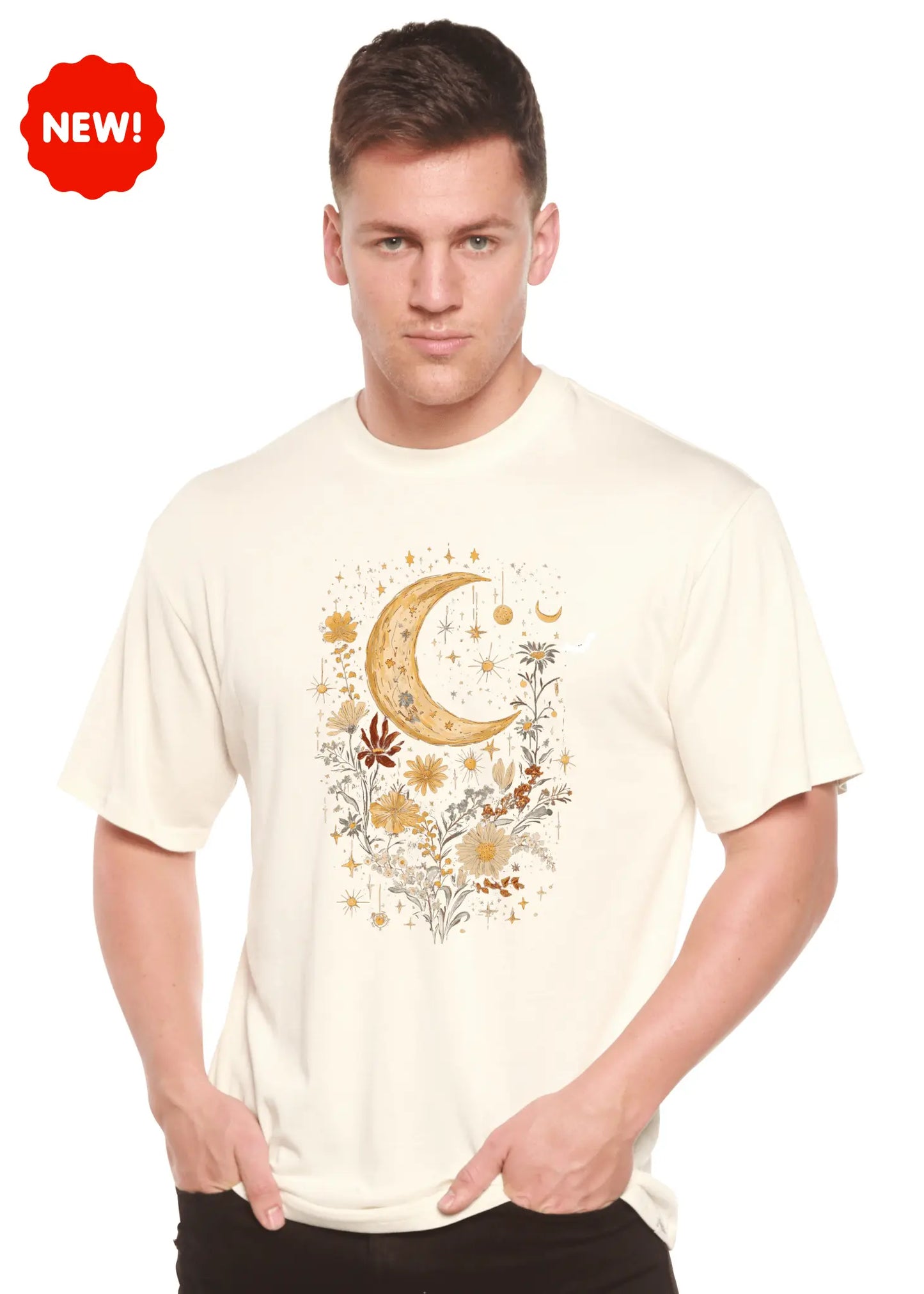 Celestial Moon Boho Flowers Vintage Unisex Bamboo/Cotton Graphic T-Shirt - Blade & Thread