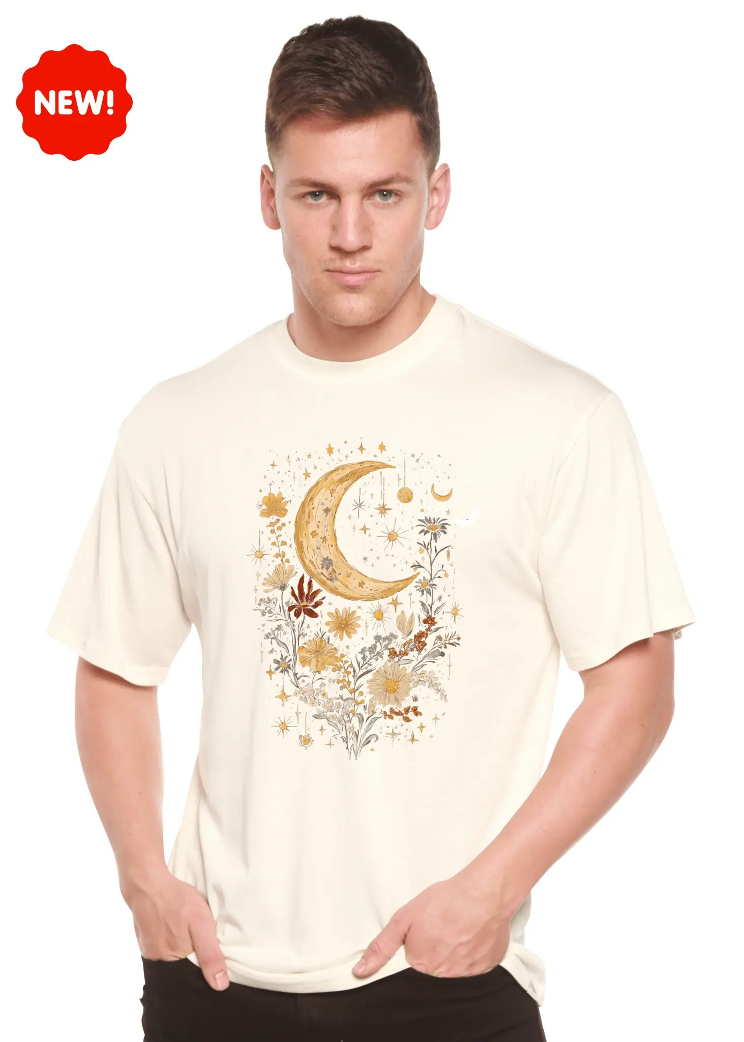 Celestial Moon Boho Flowers Vintage Unisex Bamboo/Cotton Graphic T-Shirt - Blade & Thread