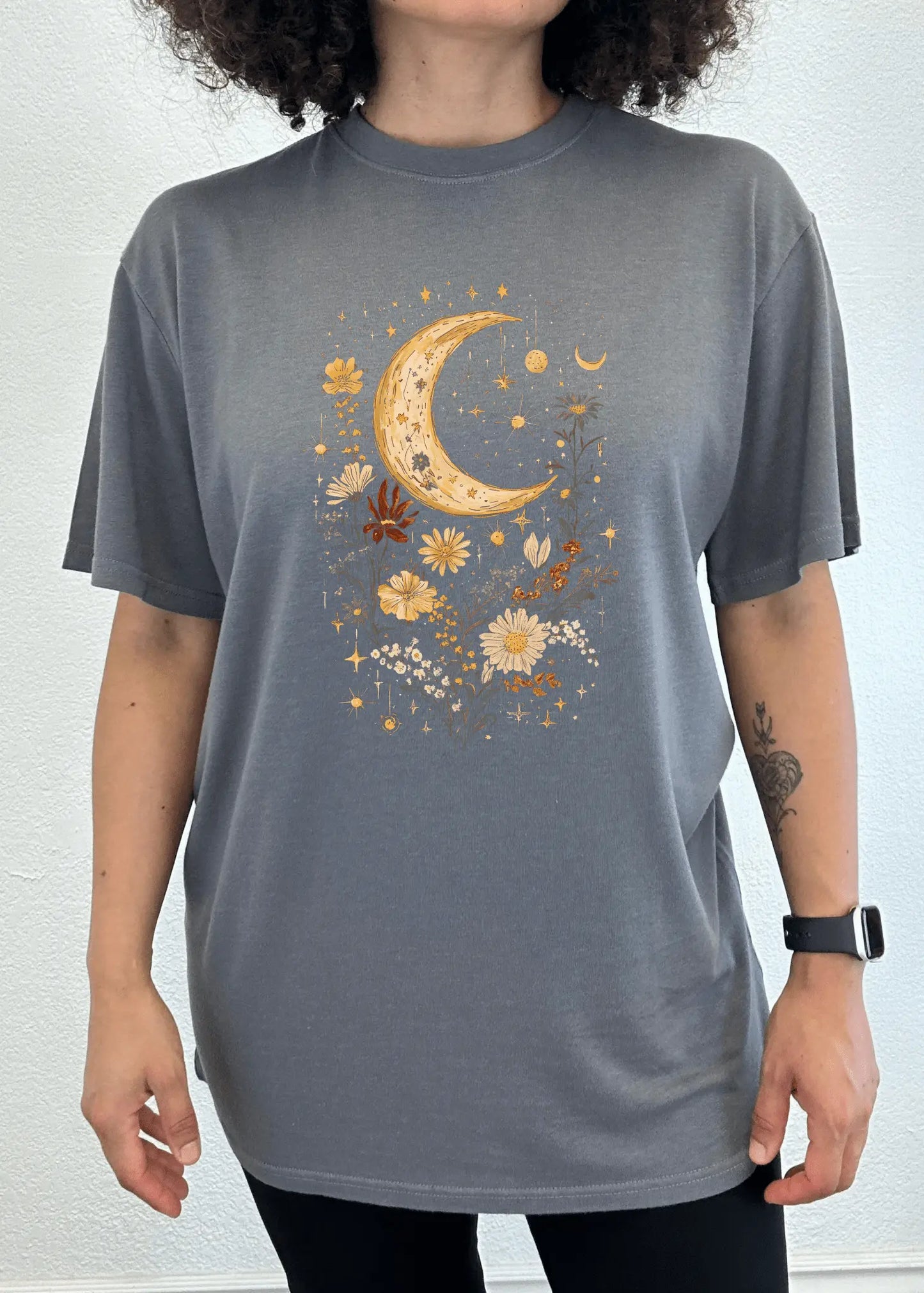 Celestial Moon Boho Flowers Vintage Unisex Bamboo/Cotton Graphic T-Shirt - Blade & Thread