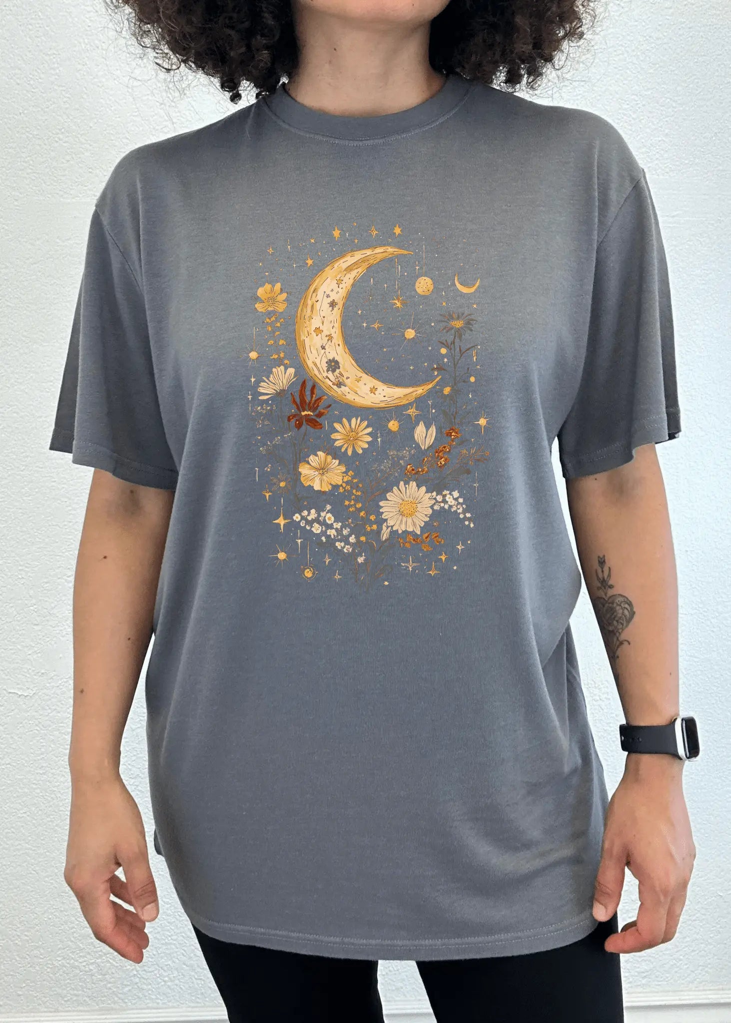 Celestial Moon Boho Flowers Vintage Unisex Bamboo/Cotton Graphic T-Shirt Spun Bamboo