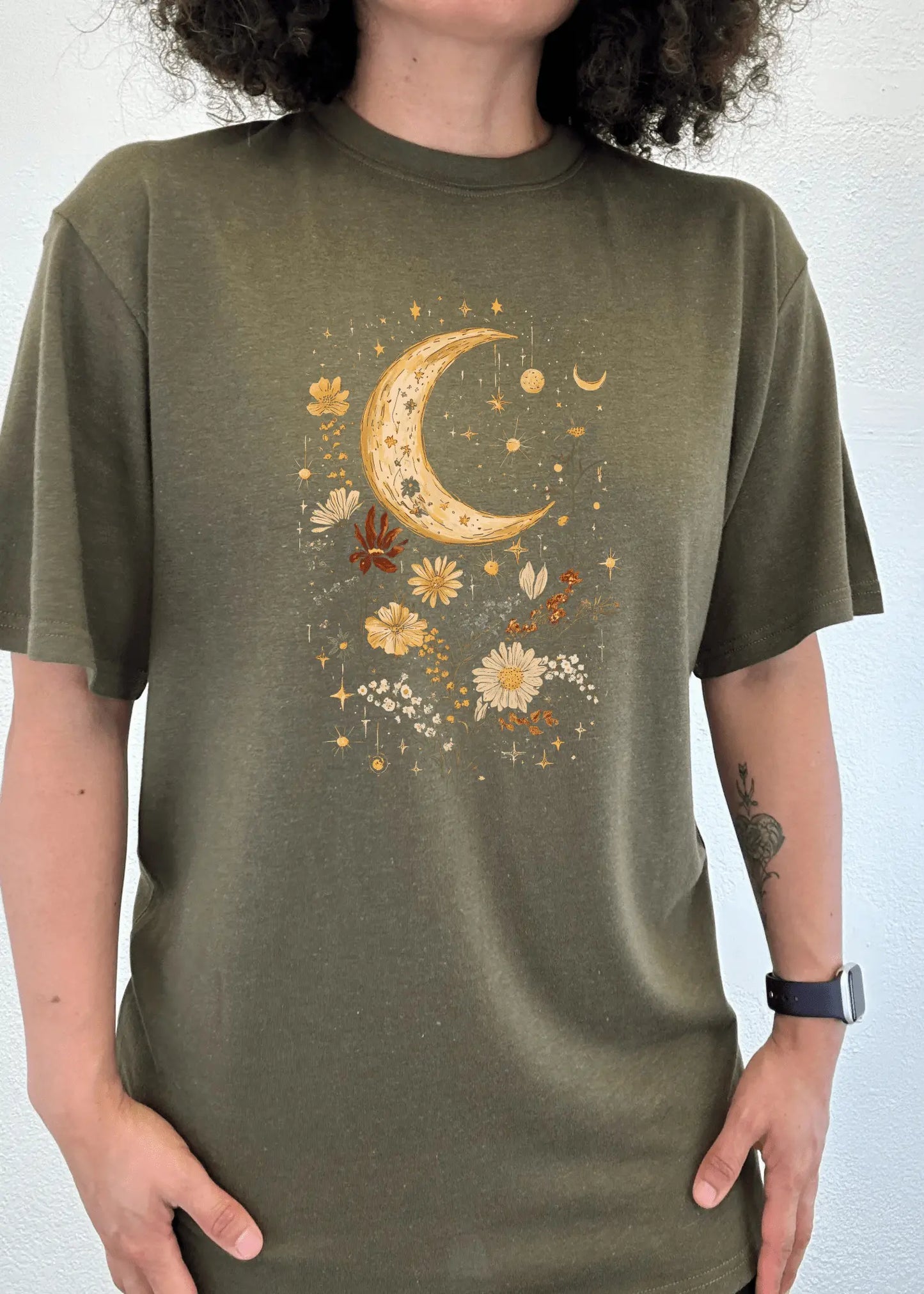 Celestial Moon Boho Flowers Vintage Unisex Bamboo/Cotton Graphic T-Shirt - Blade & Thread