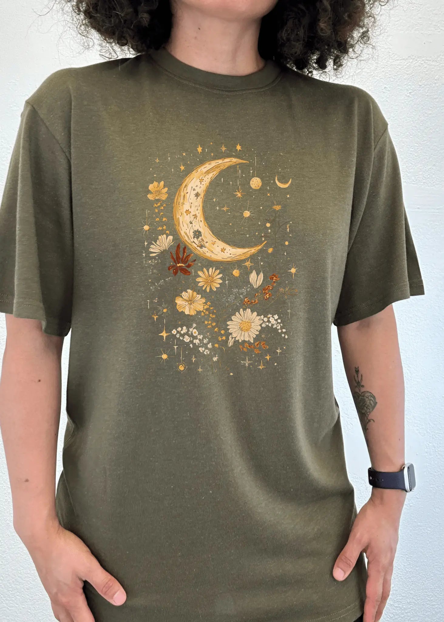 Celestial Moon Boho Flowers Vintage Unisex Bamboo/Cotton Graphic T-Shirt - Blade & Thread