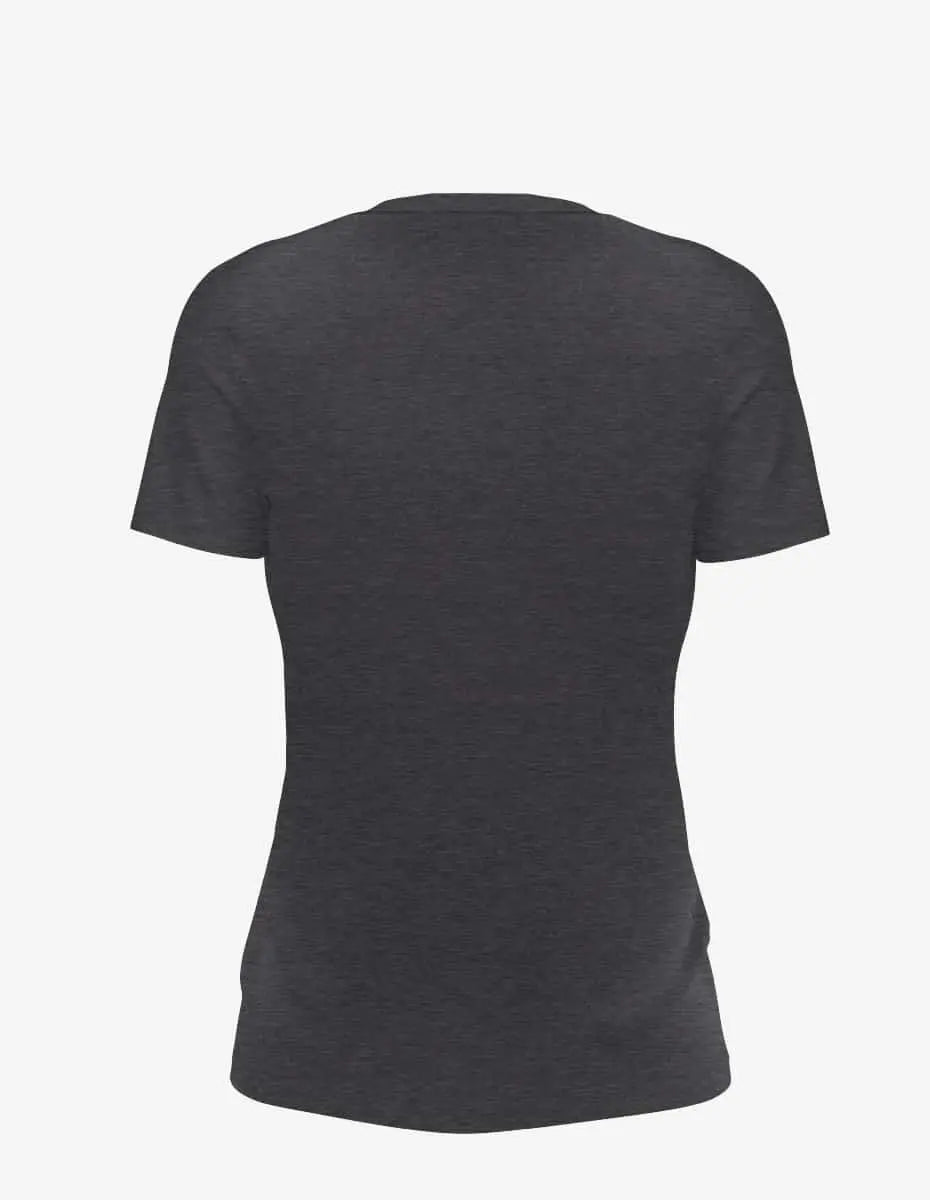 Charcoal-black Heather Wonder V-Neck top for women by SpectraUSA, shown from the back. Soft, comfortable knit fabric.