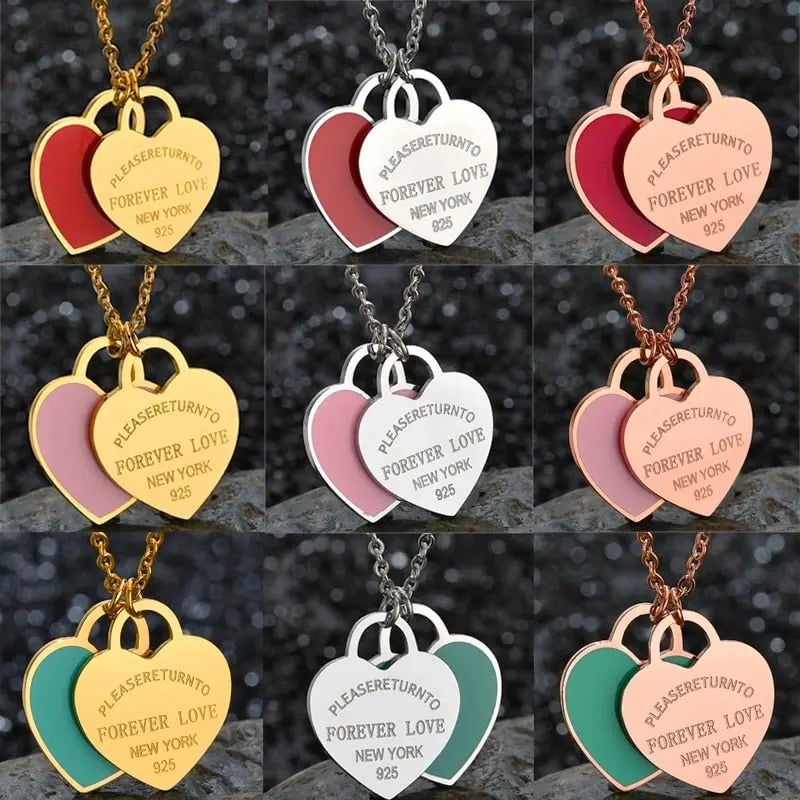 Charm Women Double Love Oil Drip Enamel Necklace Fashion Pendant Valentines Gift For Girls - Blade & Thread