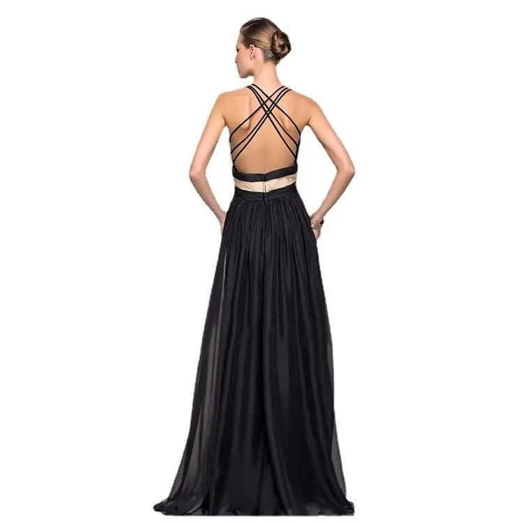 Chiffon Contrast Color Evening Gown Sleeveless V-neck Splicing Long Gown nowadaysfashion