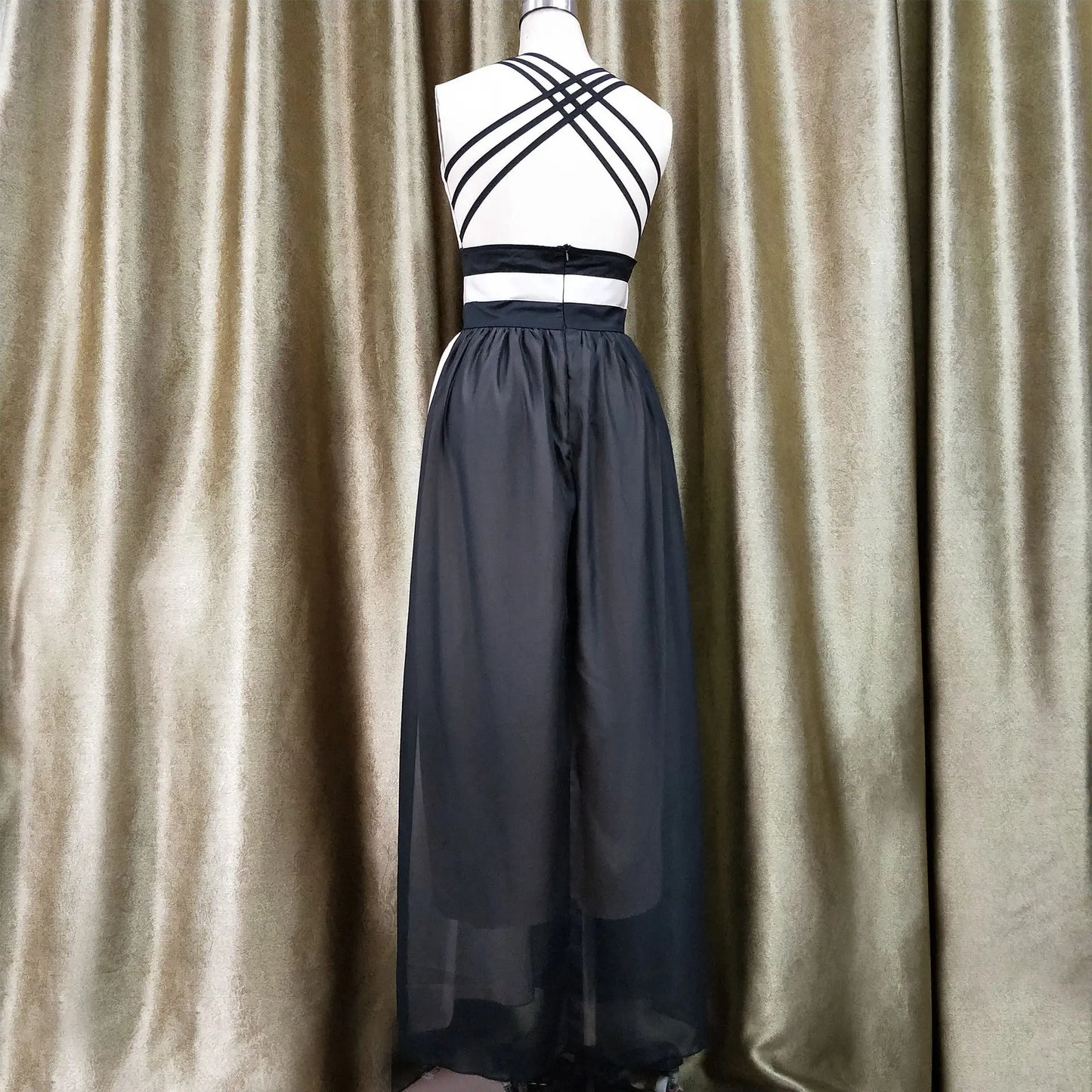 Chiffon Contrast Color Evening Gown Sleeveless V-neck Splicing Long Gown - Blade & Thread