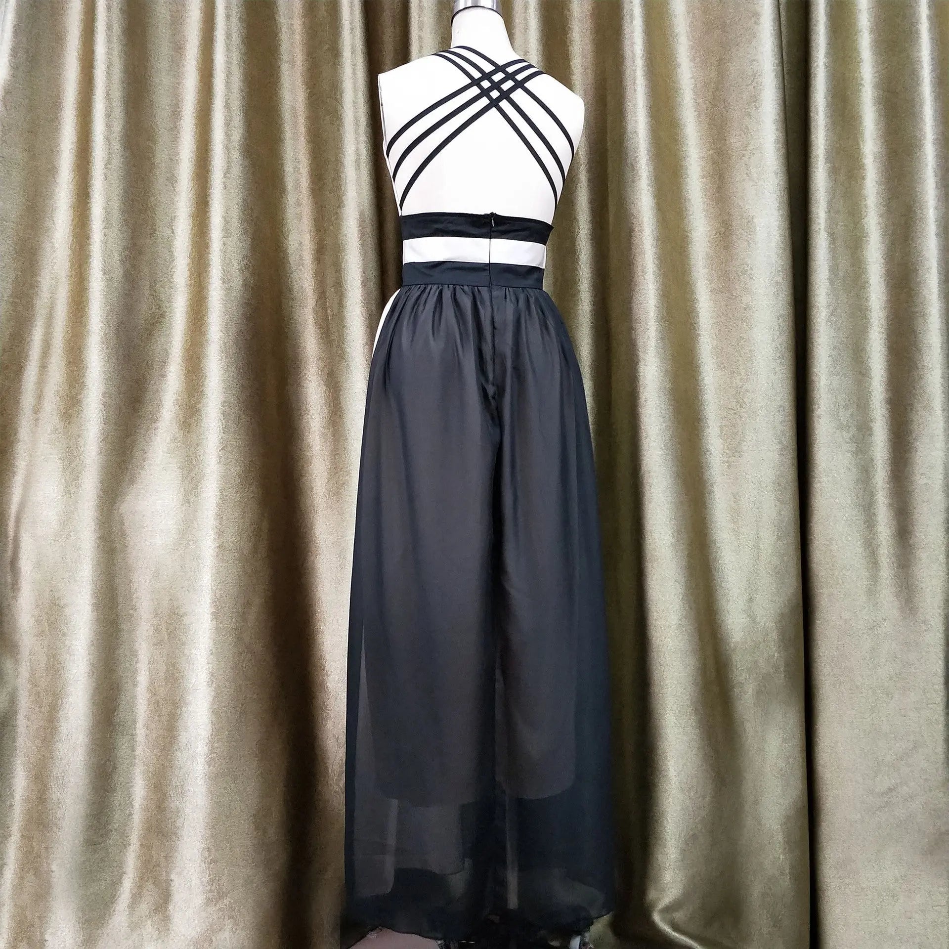 Chiffon Contrast Color Evening Gown Sleeveless V-neck Splicing Long Gown nowadaysfashion