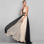 Chiffon Contrast Color Evening Gown Sleeveless V-neck Splicing Long Gown nowadaysfashion