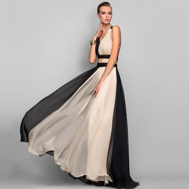 Chiffon Contrast Color Evening Gown Sleeveless V-neck Splicing Long Gown - Blade & Thread