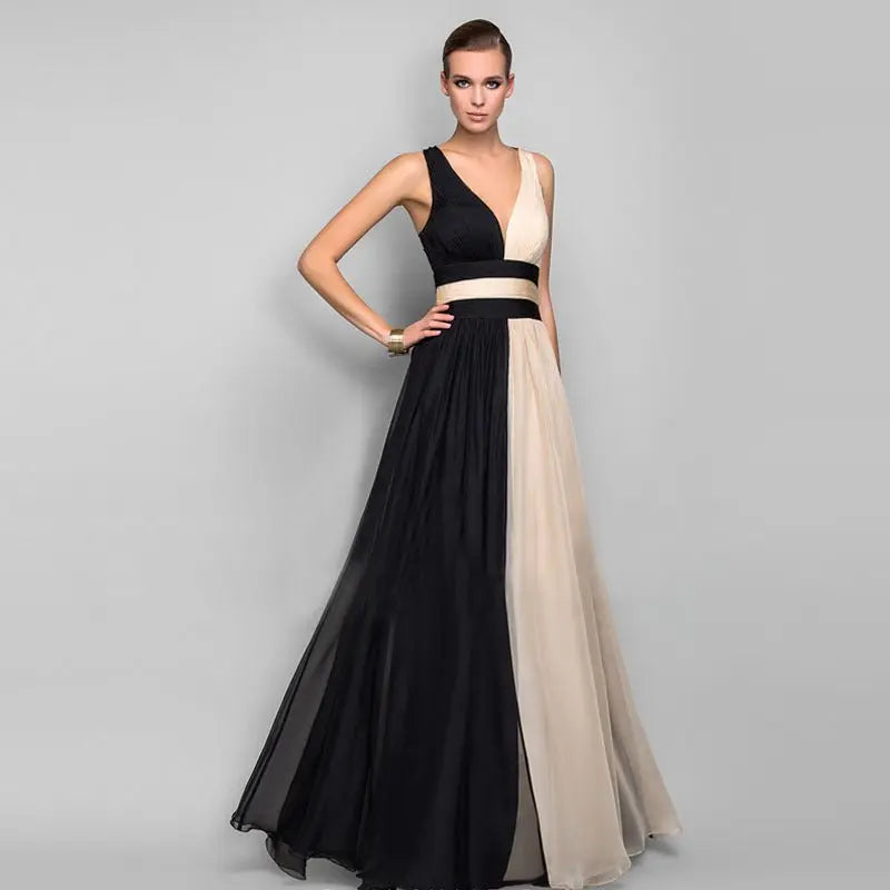 Chiffon Contrast Color Evening Gown Sleeveless V-neck Splicing Long Gown - Blade & Thread